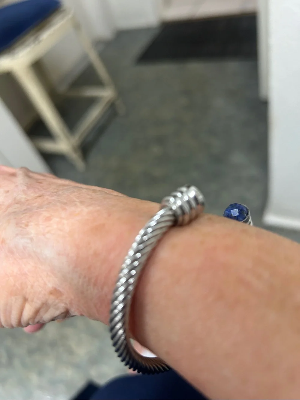 Stainless Silver tone, genuine, gemstone, Open Cuff Bracelet with Blue Lapis